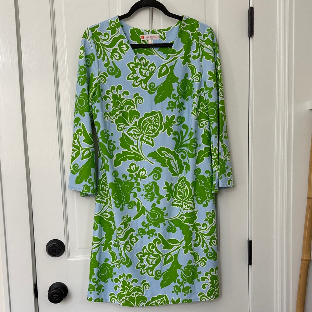 Jude Connally V-Neck Long Sleeve Shift Dress in Sky Blue & Green